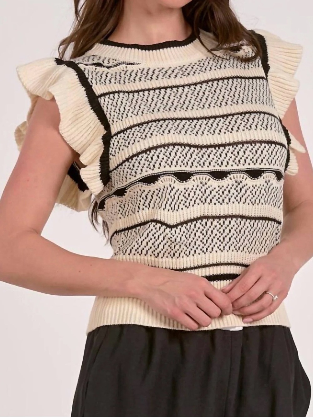 Elan Cream and Black Striped Knit Pullover
